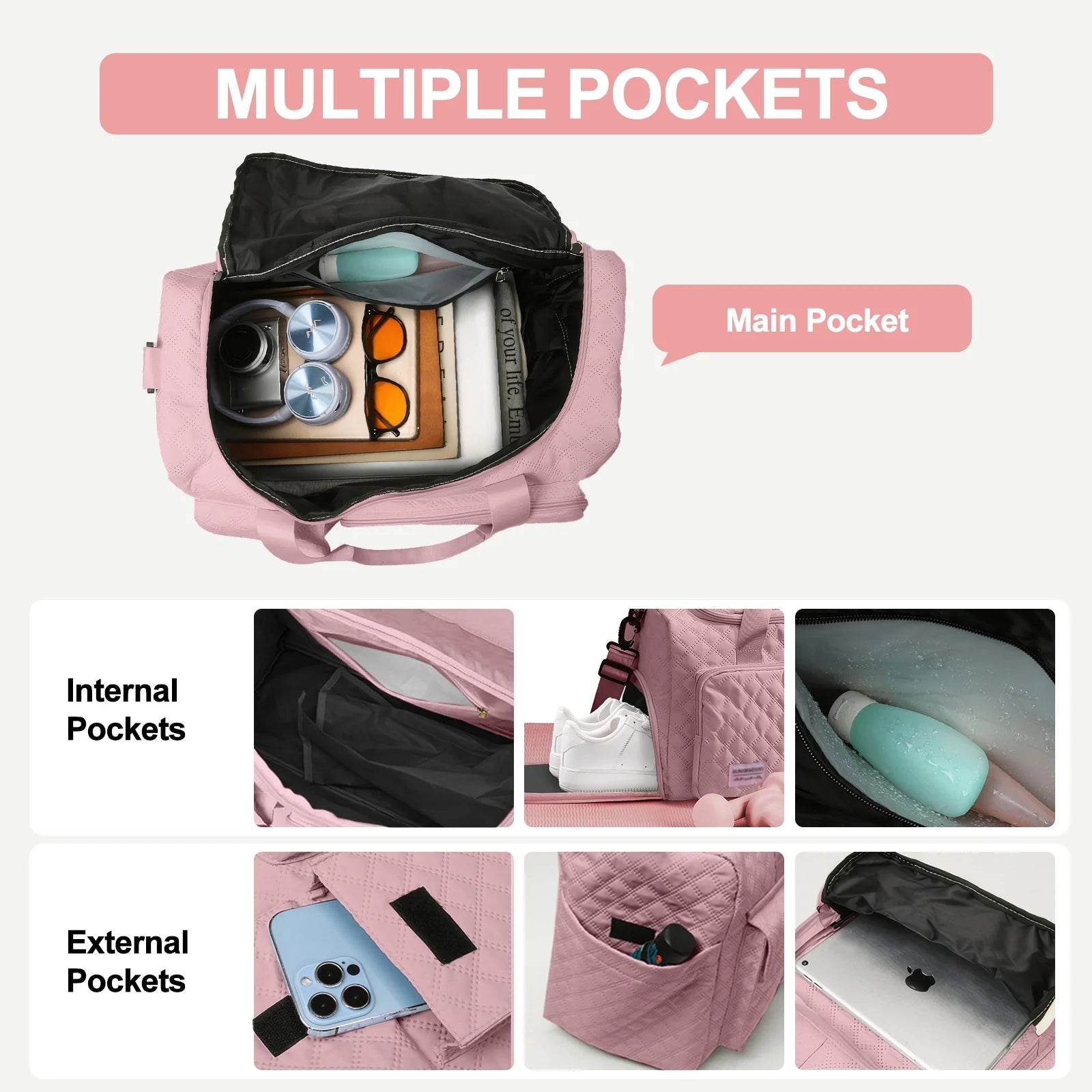 Travel Duffle Bag for Women with  Wet Pocket/Adjustable Strap/Shoe Compartment, Foldable Waterproof, Pink