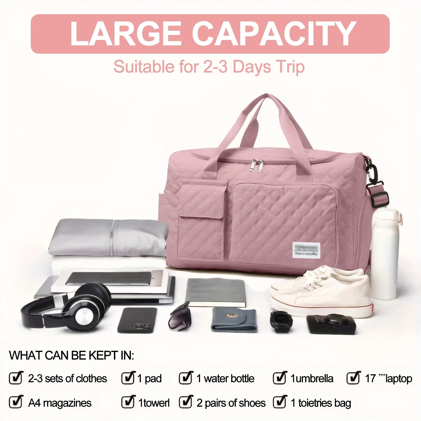 Travel Duffle Bag for Women with  Wet Pocket/Adjustable Strap/Shoe Compartment, Foldable Waterproof, Pink